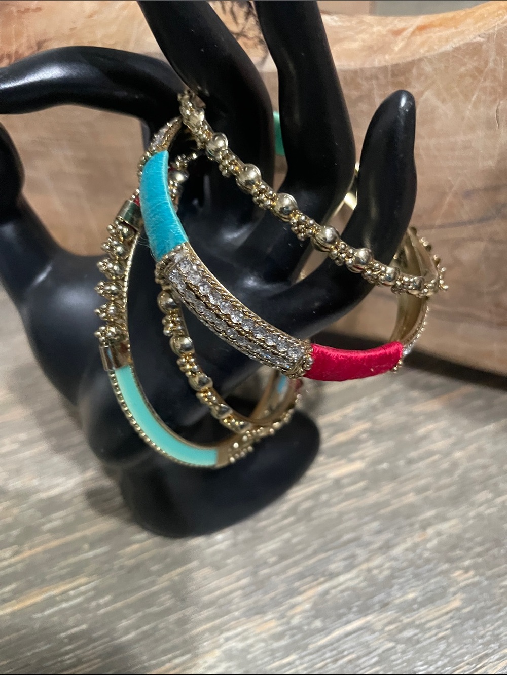 Gold Tone Multi-Color Bangle Set with Turquoise and Red Accents